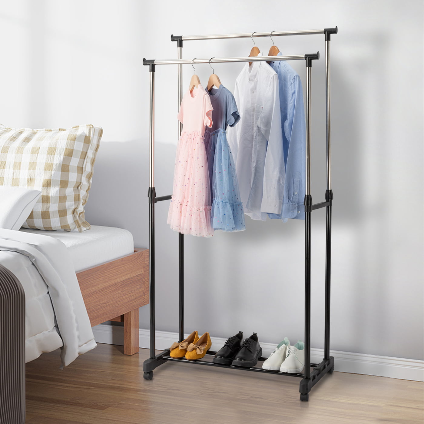 Ktaxon Rolling Portable Clothes Rack Double Bar Rail Hanging Garment Hanger Adjustable