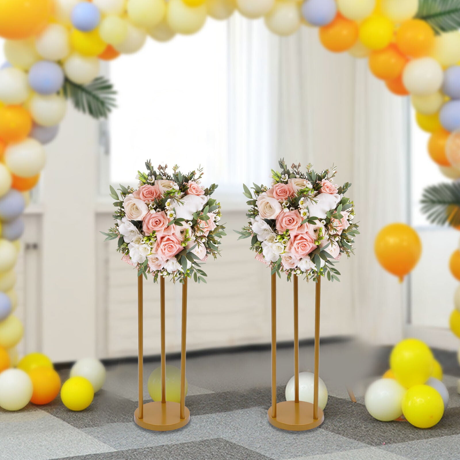 Miumaeov 2pcs Round Gold Wedding Flower Rack 23.6 Tall Geometric Metal Stand Flower Vase Holder for Wedding Party Decor