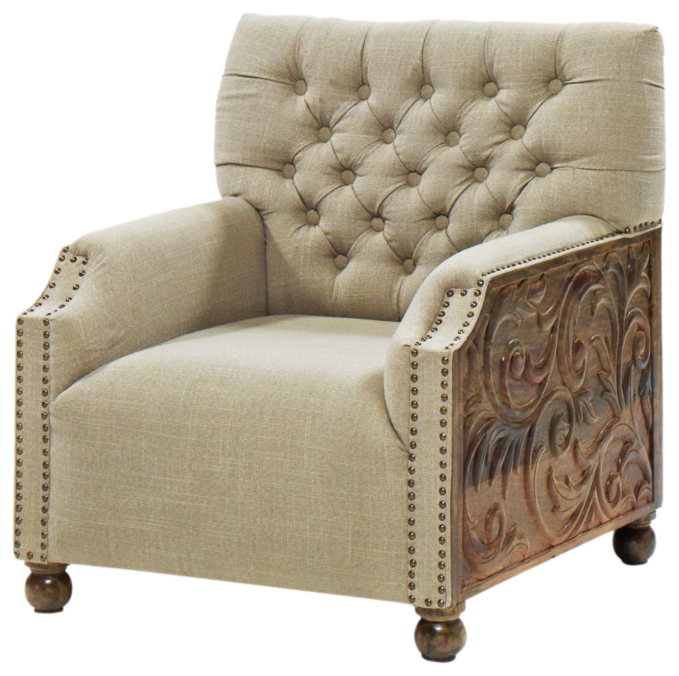 Modern Taupe Button Tufted Back Hand Carved Wood Nail Trim Accent Chair   Traditional   Armchairs And Accent Chairs   by Sideboards and Things  Houzz