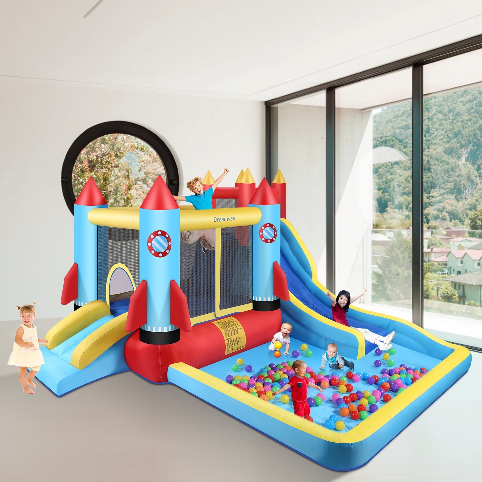 4-in-1 Children's Bounce House Giant Inflatable Slide Bouncy Castle with Large Pool, Climbing Wall, Bouncing Area,2X Long Slide PVC Inflatable Bouncers Ages 3-12 Years