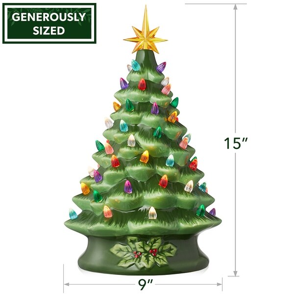 15 Hand Painted Ceramic Christmas Tree，Green PreLit Tree with Star