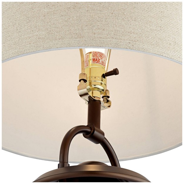 Tall Bronze Lantern With Led Nightlight Burlap Drum Shade For Bedroom Bedside Office Home