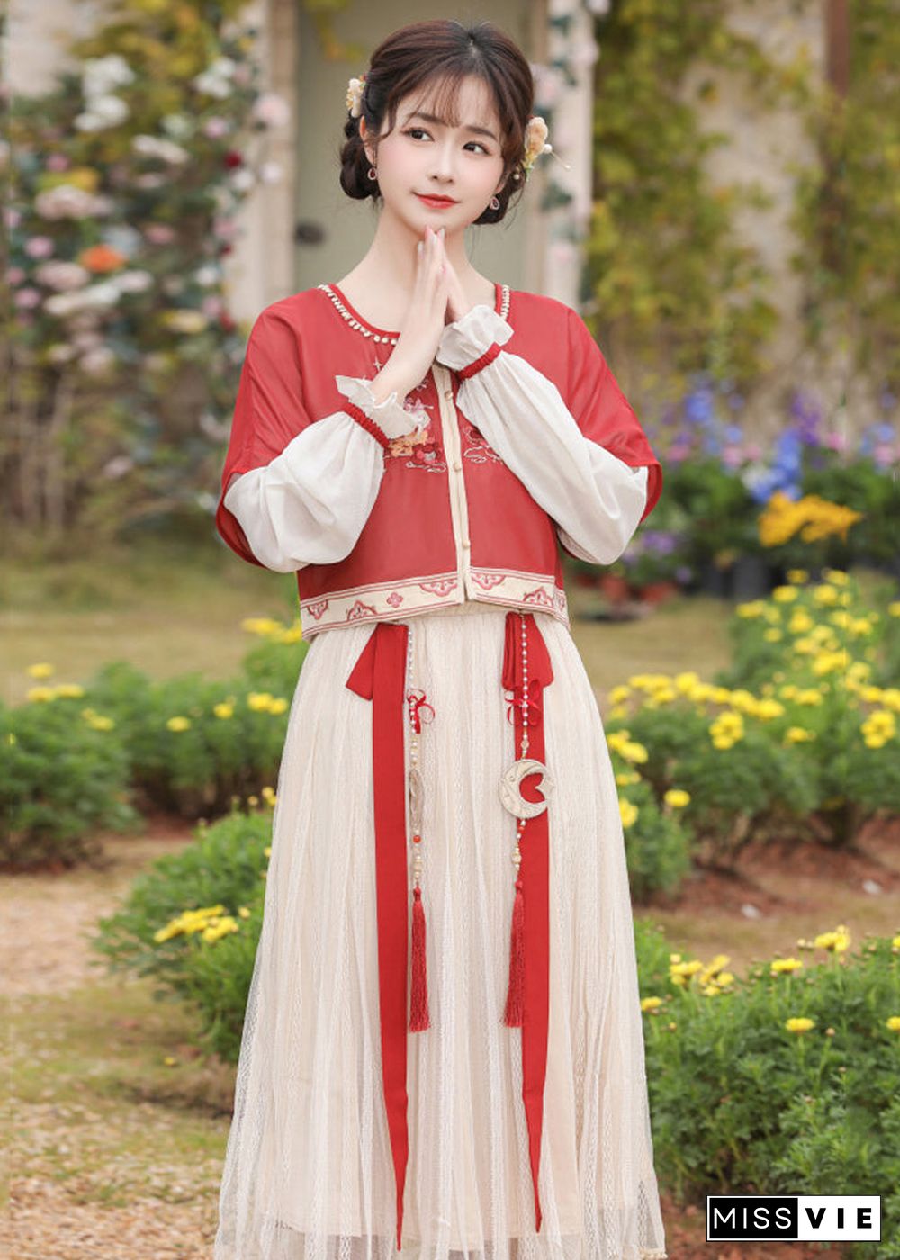 Chinese Style Red Embroideried Tops And Pleated Skirt Chiffon Two Pieces Set Long Sleeve