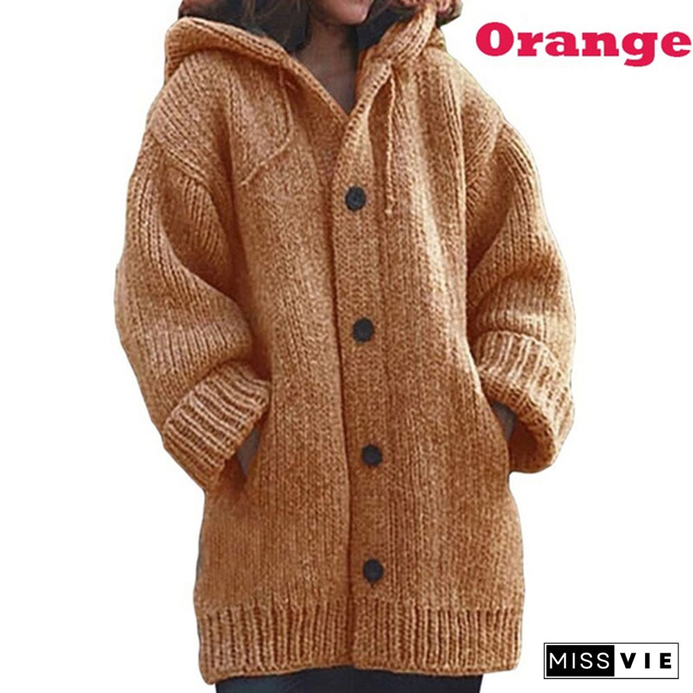 Women Fashion Mid-length Button Up Knitted Cardigan Jackets Ladies Casual Autumn and Winter Hooded Sweater Coats Strickjacke Damen