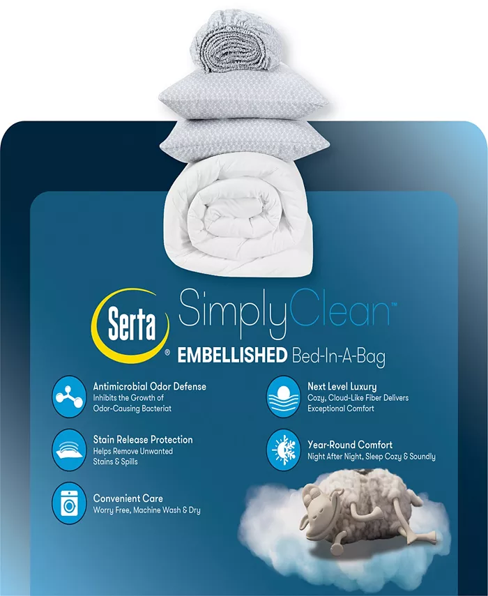 Serta Simply Clean Antimicrobial Pleated Twin and Twin Extra Long Bed in a Bag Set， 5 Piece