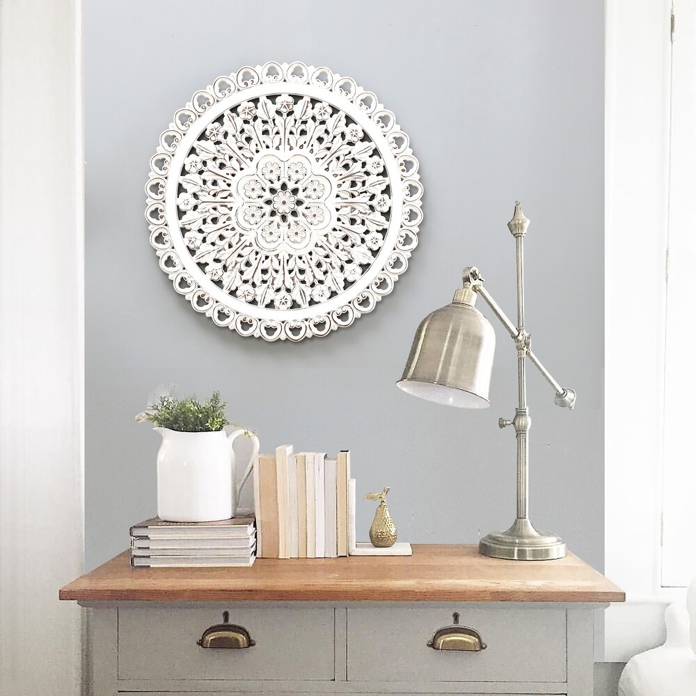 Distressed White Wood Flower Round Wall Art Decor