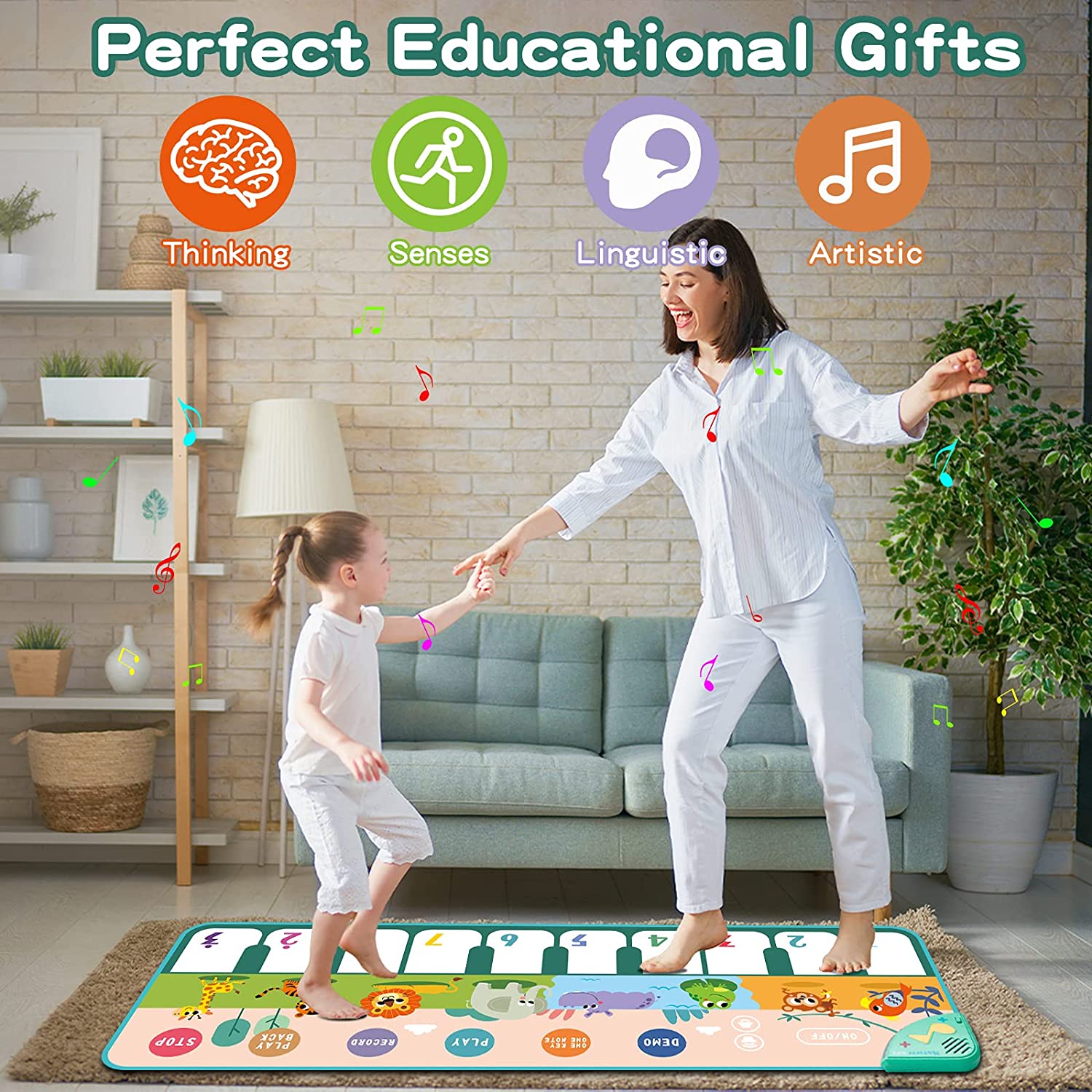 LAYADO Piano Mat for Kids， Floor 17 Keyboards Music Dance Playmat Musical Play Mat Portable Early Learning Educational Toys Gifts for Toddler Aged 0.1.2.3.4.5.6 Year Old Boys and Girls Gift