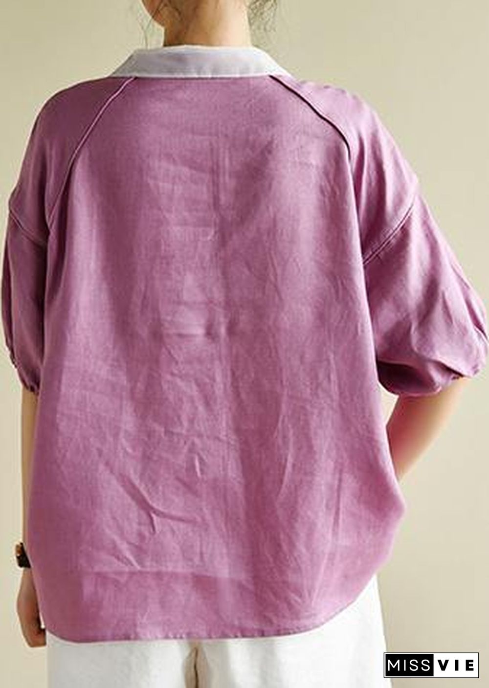 Modern light purple clothes For Women lapel half sleeve silhouette summer shirts