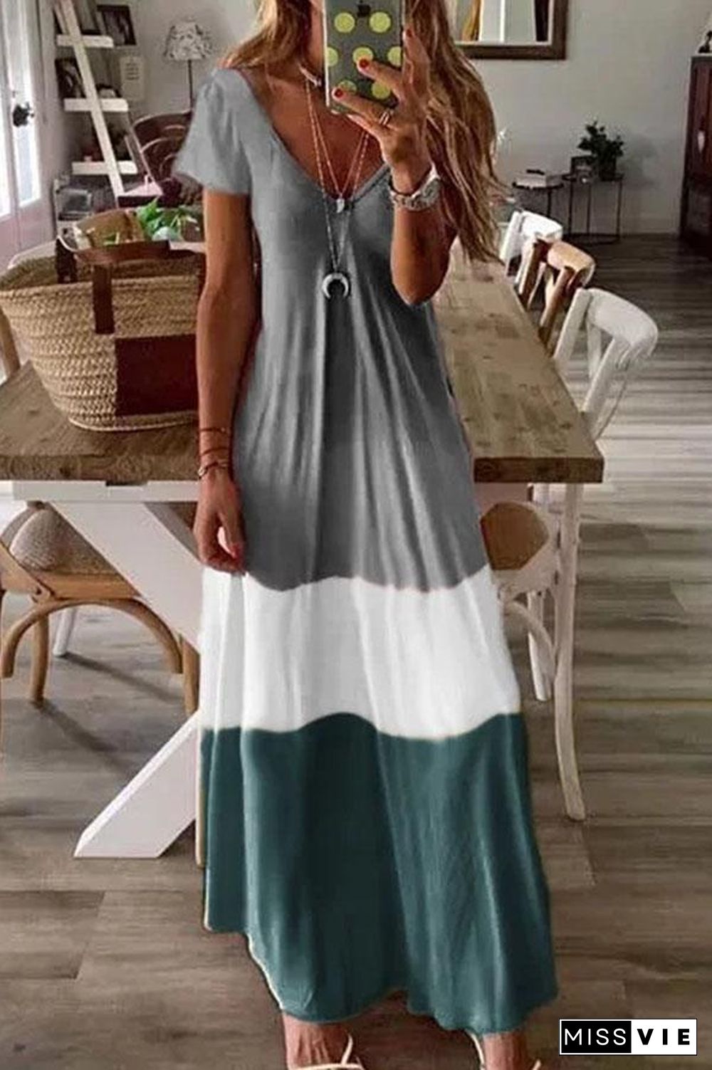 Bohemian Color Block Short Sleeve Long Maxi Dress (2 Colors) P10269