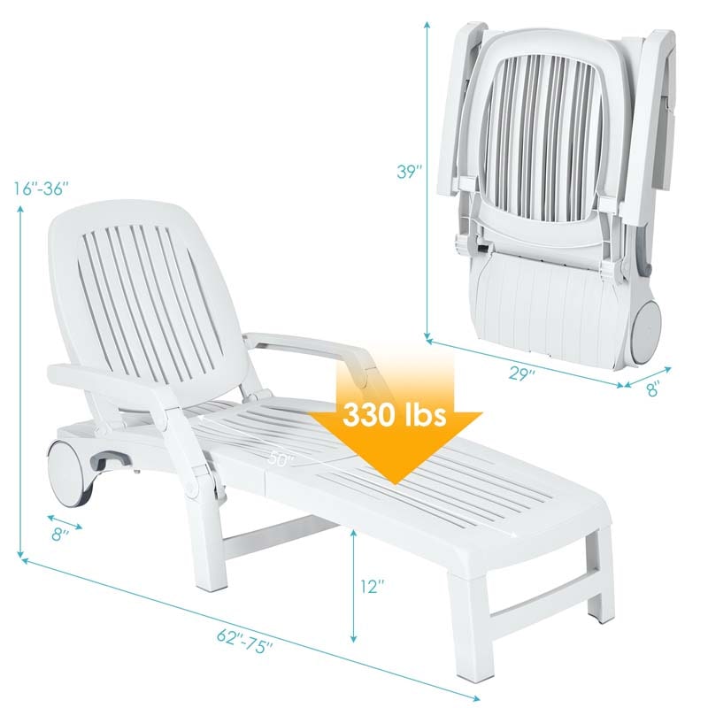 Weatherproof Folding Sun Lounger with Wheels, 6-Position Plastic Outdoor Chaise Lounge Chair for Pool Beach Lawn