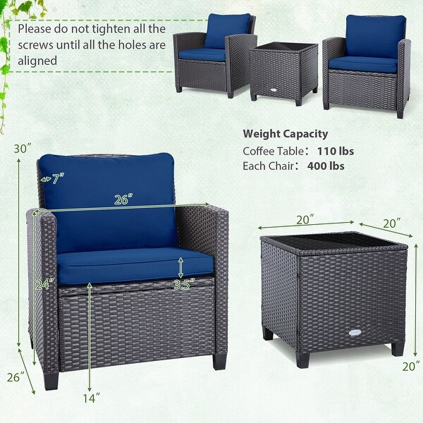 Costway 3PCS Patio Wicker Furniture Set with Beige and Navy Cushion