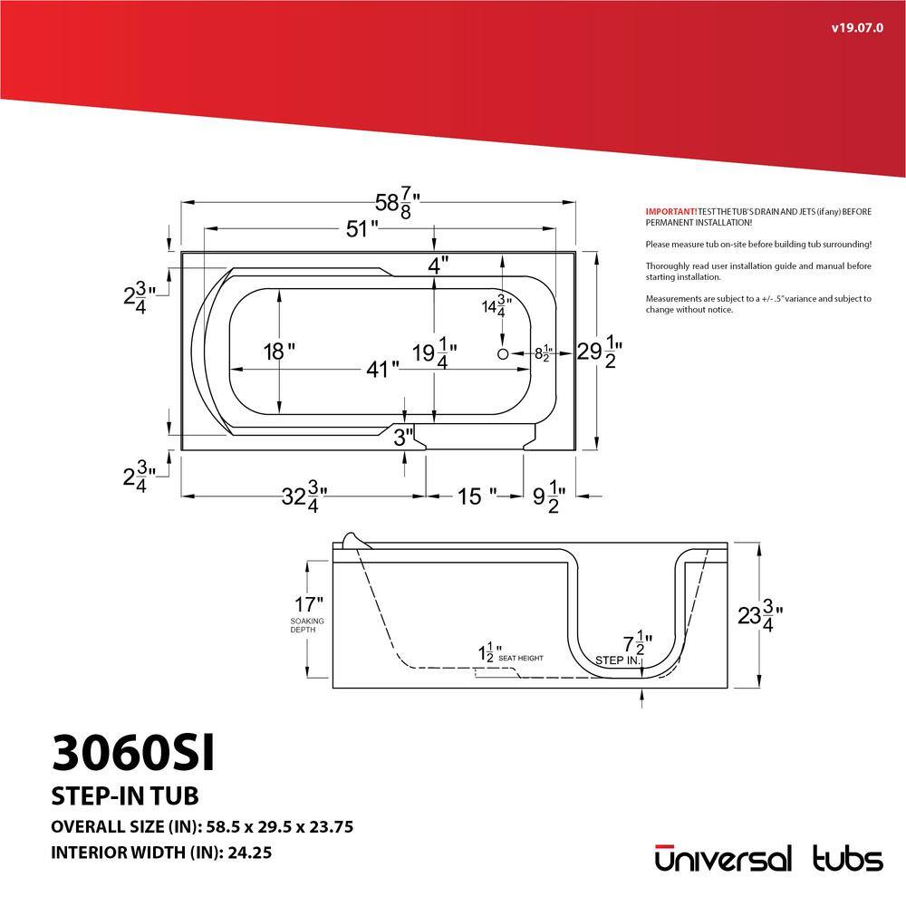 Universal Tubs HD Series 60 in. Left Drain Step-In Walk-In Soaking Bath Tub with Low Entry Threshold in White HDSI3060LWS