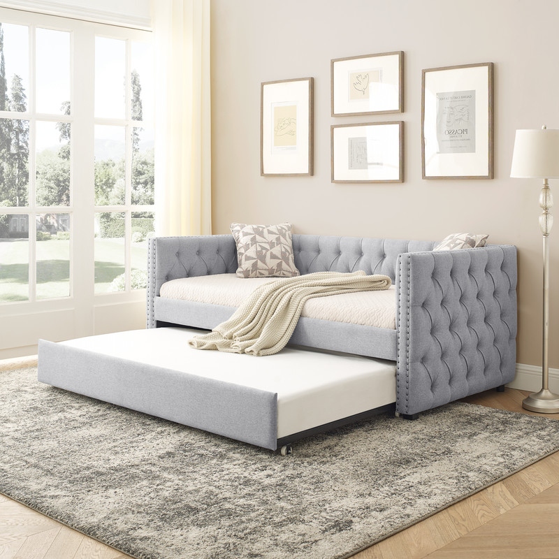 Daybed with Trundle Upgraded Linen Upholstered Twin Size Day Bed Button Tufted Sofa Daybed Frame