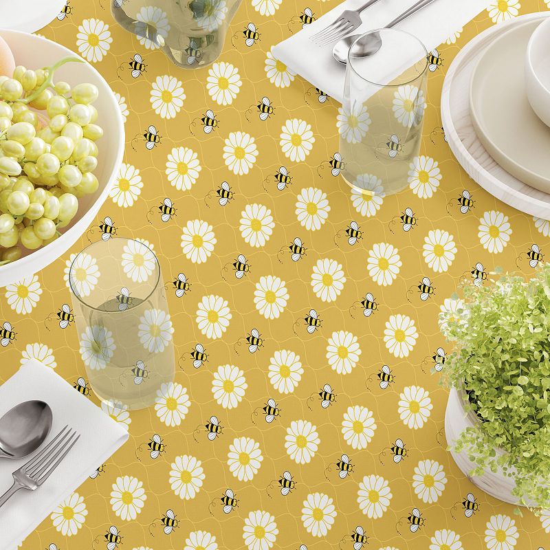 Square Tablecloth， 100% Polyester， 70x70， Bumble Bees and Daisies