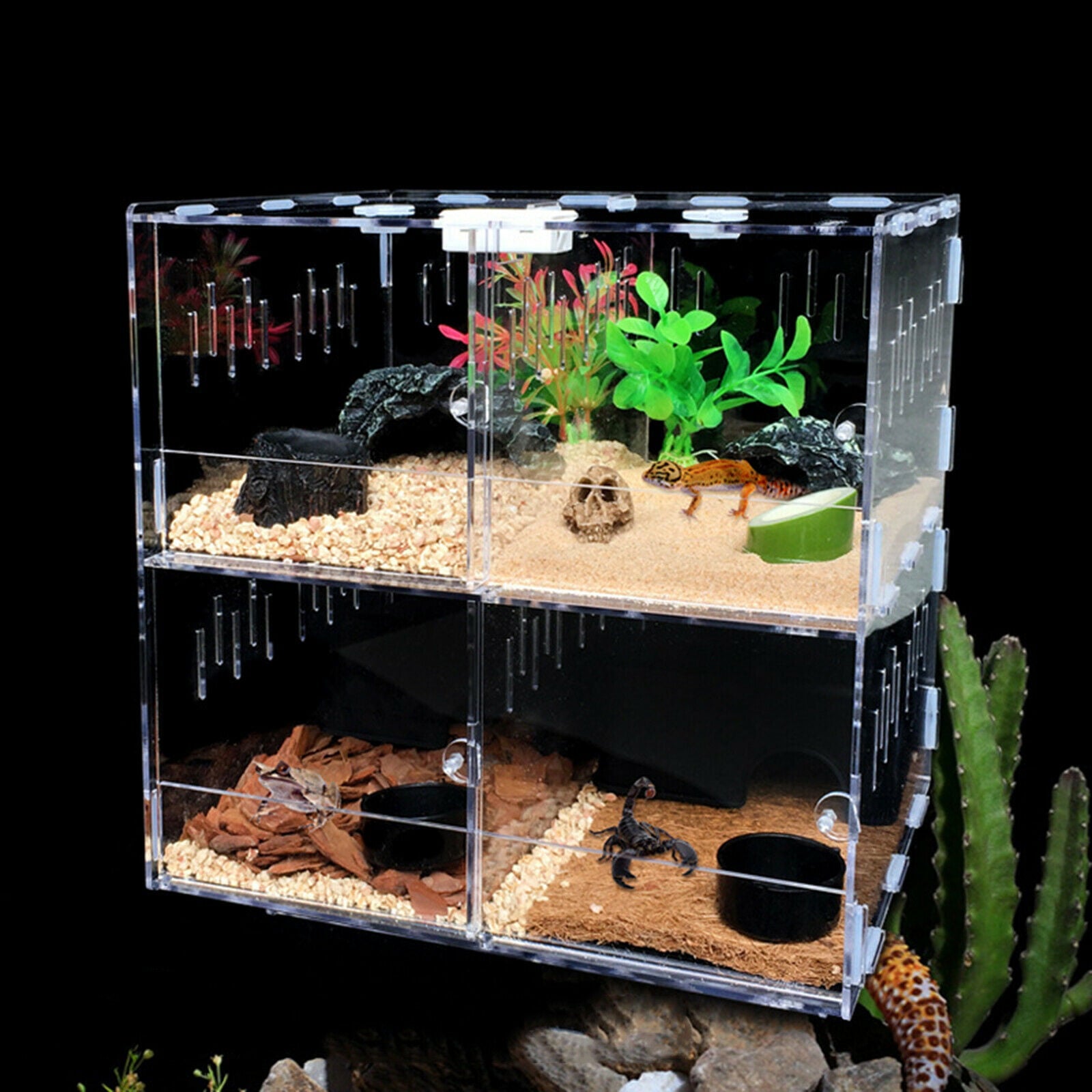 TOOL1SHOoo Transparent 4 Grids Large Reptile Pet Tank Acrylic Climbing Pet Box +Thermometer