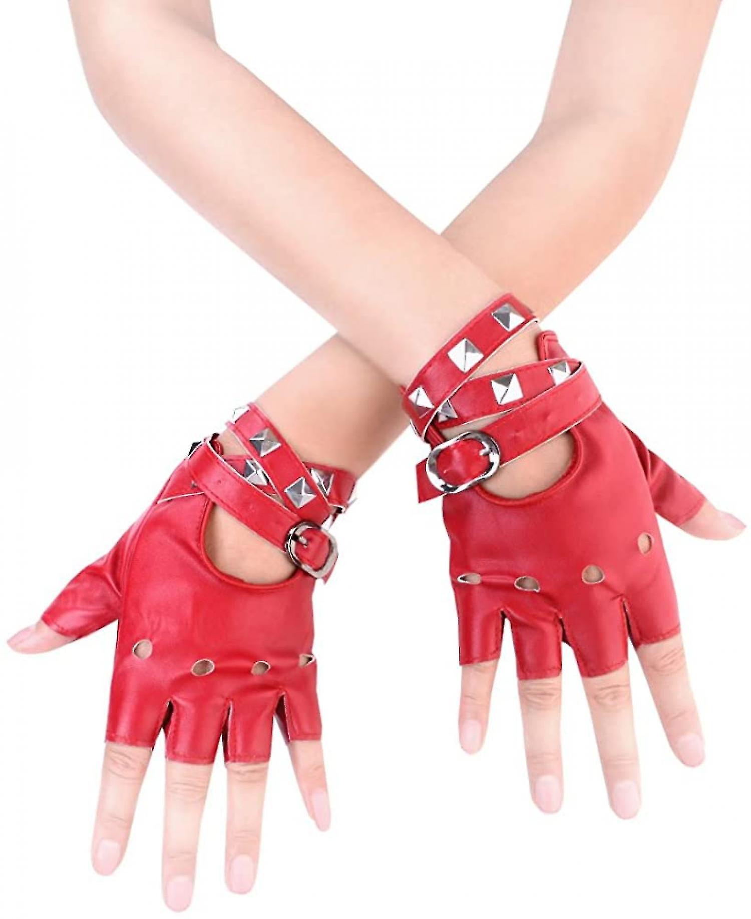 Women Pu Leather Punk Gloves Rivets Belt Up Or Snap Half Finger Performance Mittens， Red