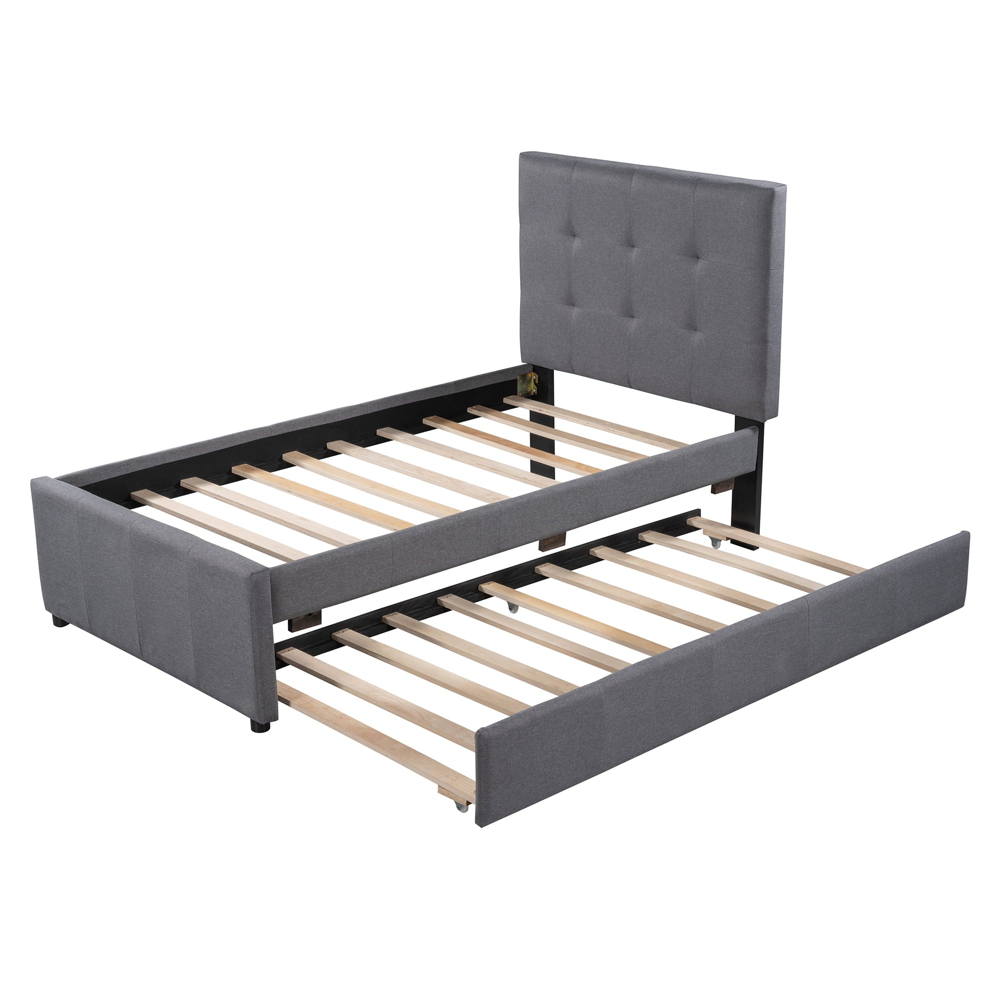 Euroco Twin Size Upholstered Platform Bed with Trundle for Kids, Gray