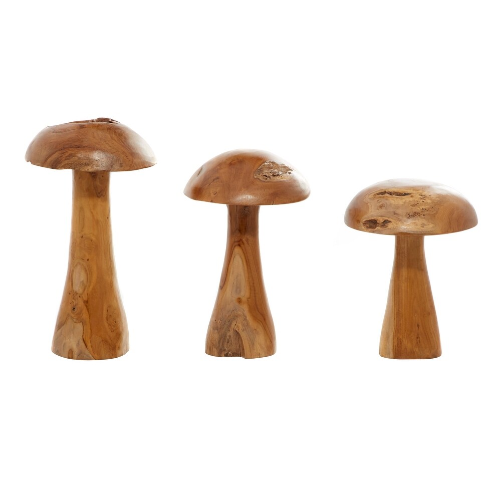 Brown Teak Wood Handmade Live Edge Mushroom Sculpture with Natural Smooth Finish (Set of 3)   S/3 16\