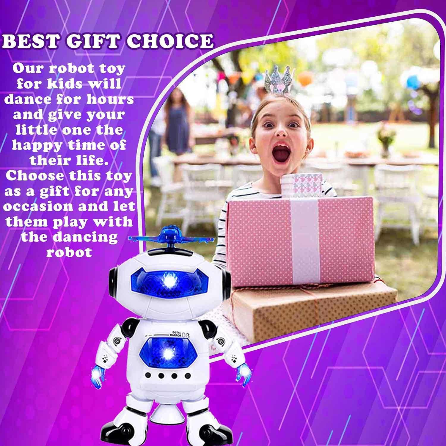 Toysery walking Robot for kids - 360° Body Spinning Dancing Robot Toy with LED Lights Flashing and Music， electronic learning toy robot