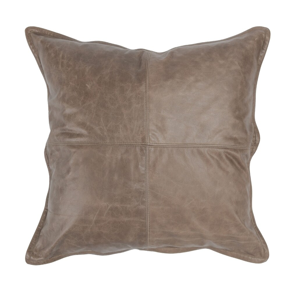 Norm 22 Inch Square Leather Decorative Throw Pillow  Stitched  Taupe Brown