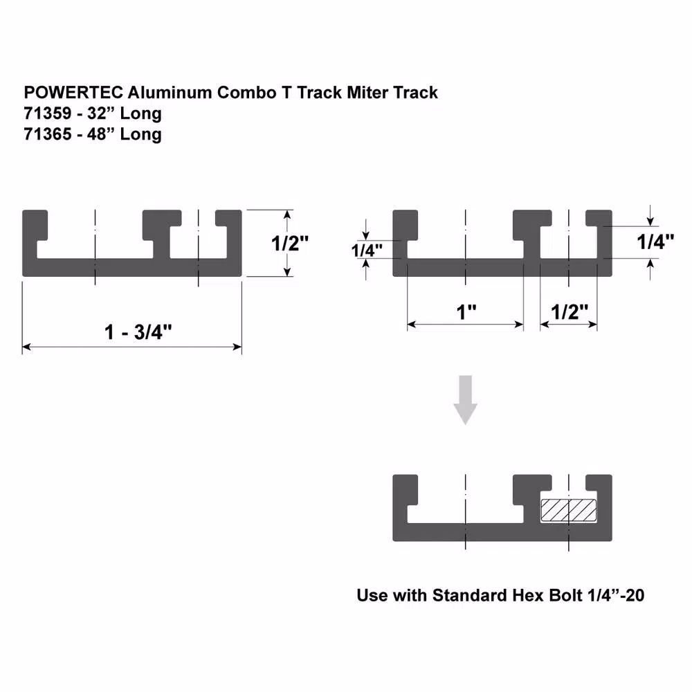 POWERTEC 32 in. Dual Track Rail Aluminum Combo T-Track and Miter Track for Woodworking and#8211; XDC Depot