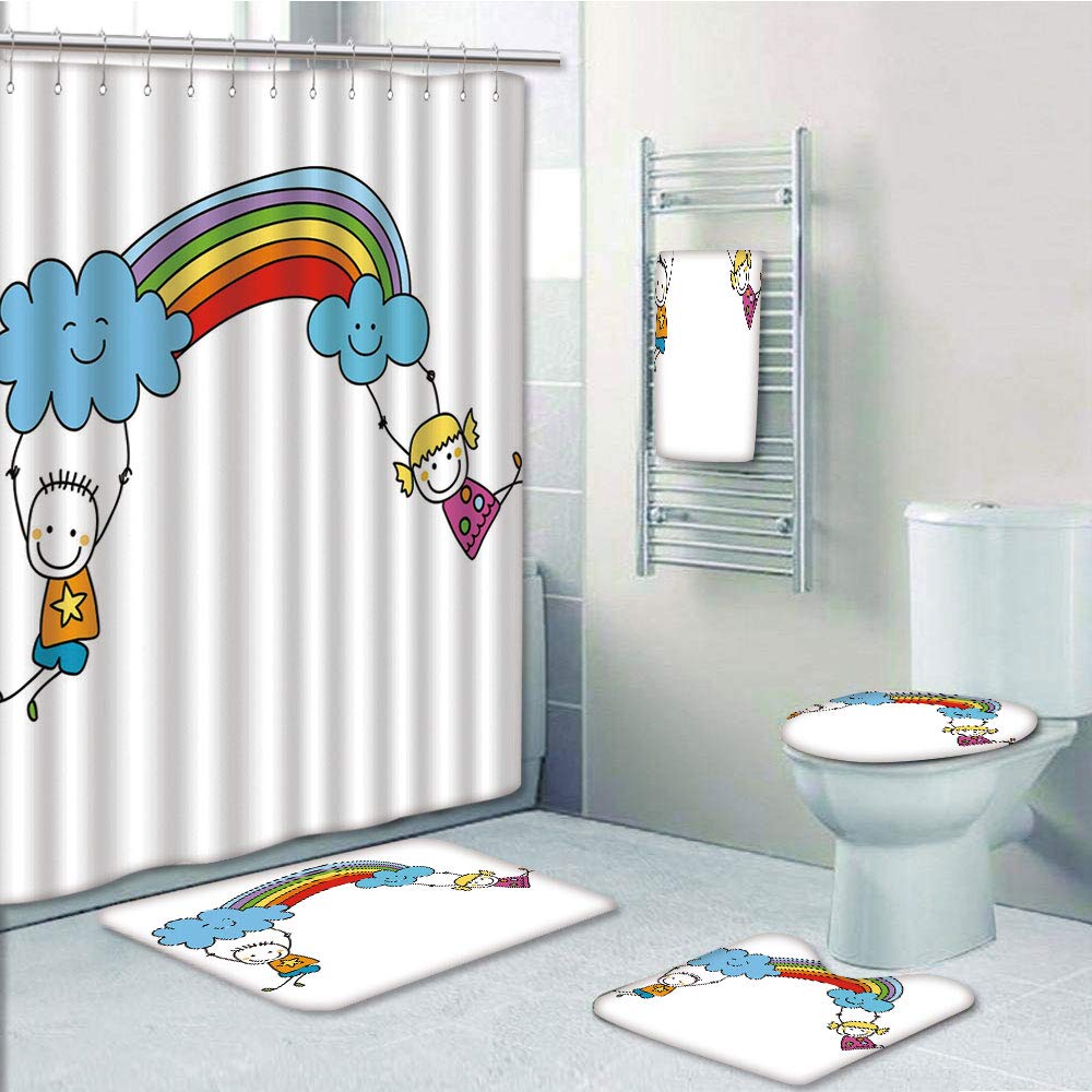 PRTAU Rainbow Cartoon Two Cute Kids Swinging Clouds on Rainbow Children Fun Stars Dots 5 Piece Bathroom Set Shower Curtain Bath Towel Bath Rug Contour Mat and Toilet Lid Cover