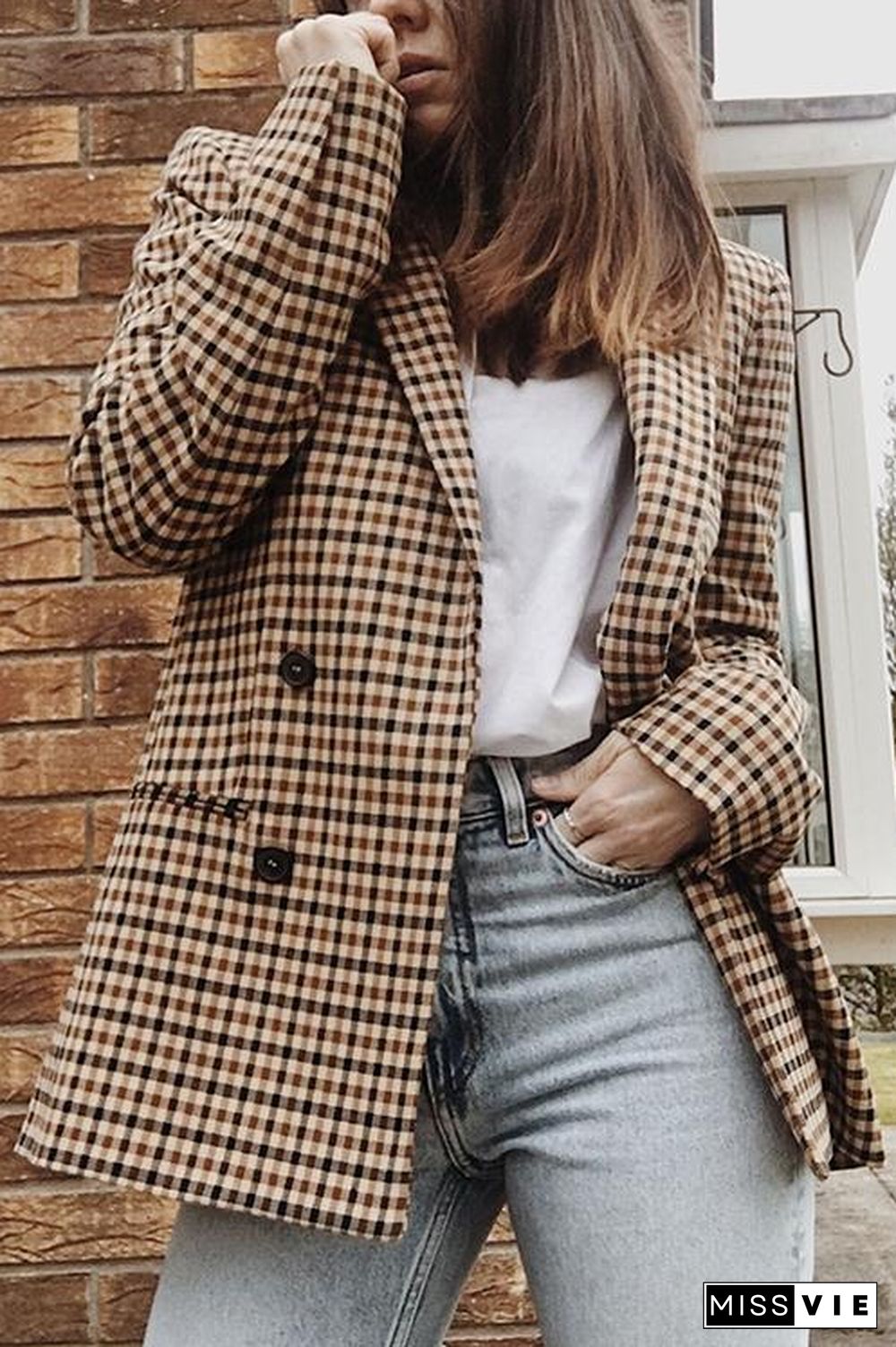 Plaid Button Long Sleeve Blazer