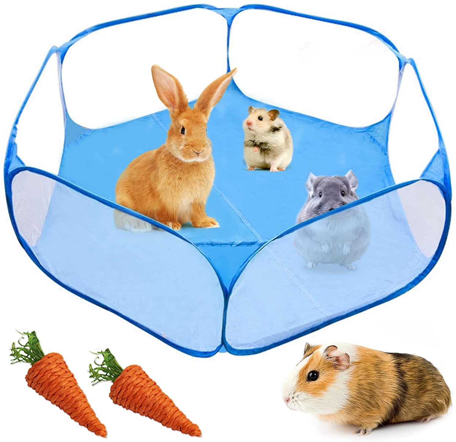 Small Animals Cage Tent， Breathable and Transparent Reptiles Cage， Folding Exercise Playpen Pop Open Outdoor/Indoor Portable Fence with Chewing Toys for Guinea Pig Hamster Rabbit Rat Gerbils