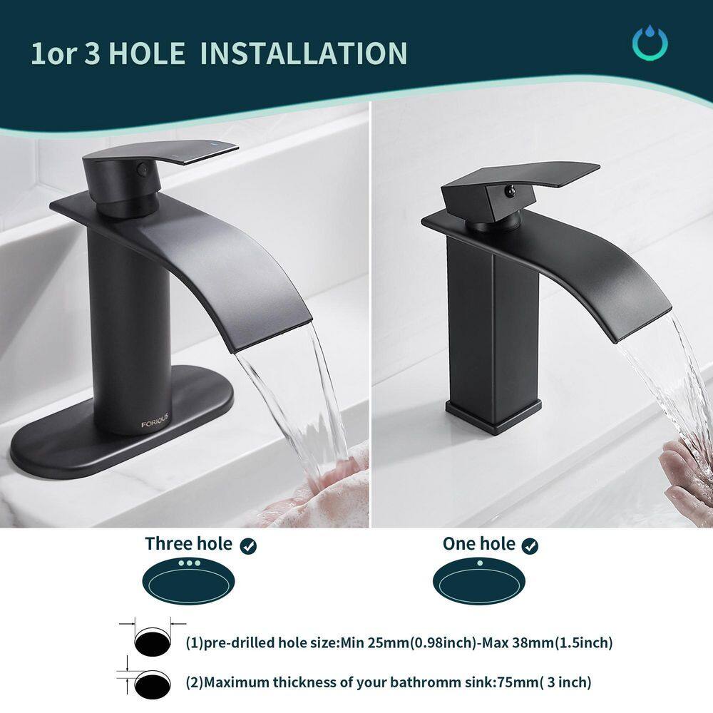 FORIOUS Single-Handle 1 or 3 Hole Waterfall Bathroom Faucet Bathroom Sink Faucet Black HH0305B