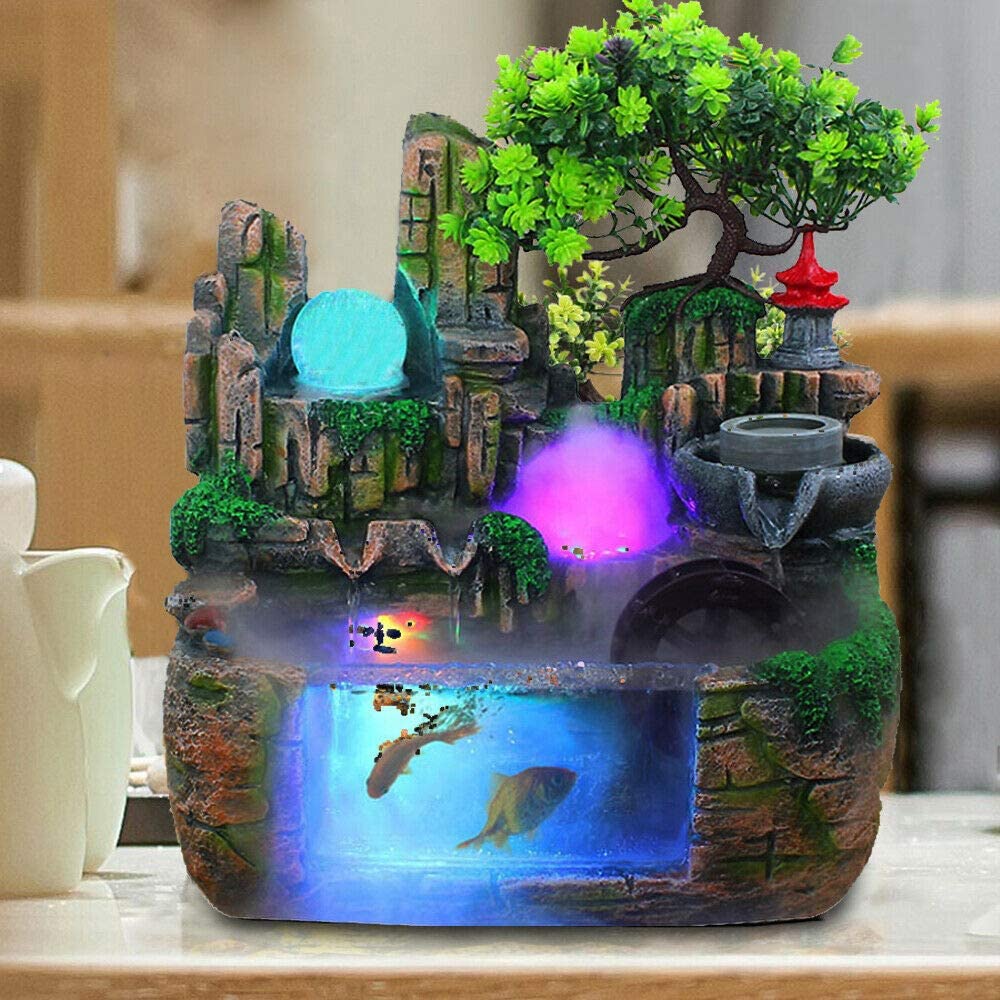 ANQIDI Rockery Water Fountain Indoor Atomizing Rockery Waterfall Desktop Decoration w/LED Light (Style 1)