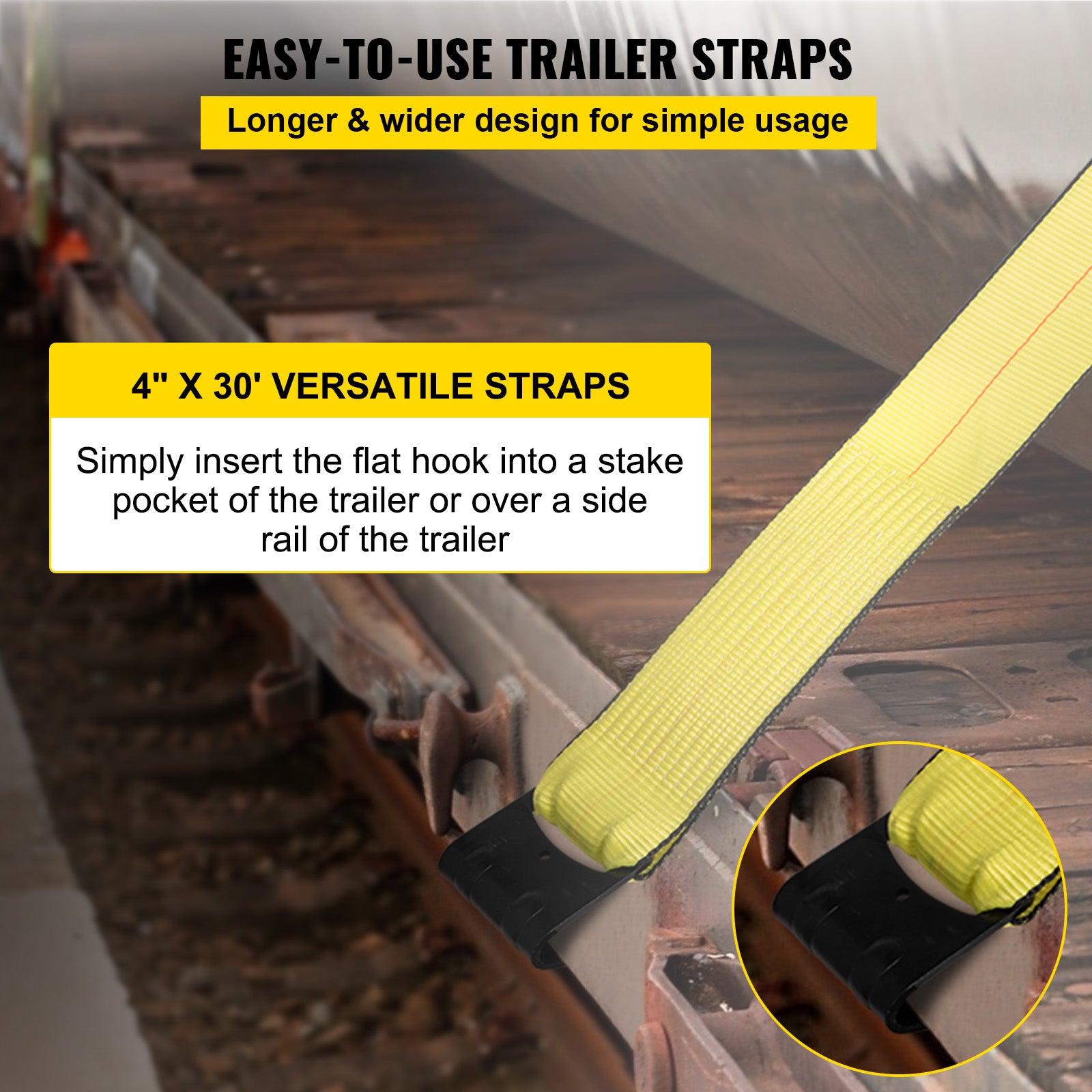 VEVOR Truck Straps 4"x30' Winch Straps with A Flat Hook Flatbed Tie Downs 5400lbs Load Capacity Flatbed Strap Cargo Control for Flatbeds, Trucks, Trailers, Farms, Rescues, Tree Saver, Yellow (8 Pack)