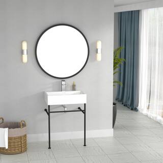 Logmey 24 in. Ceramic White Single Bowl Console Sink Basin and Legs Combo with Overflow and Black Metal Leg LMZJP24B17