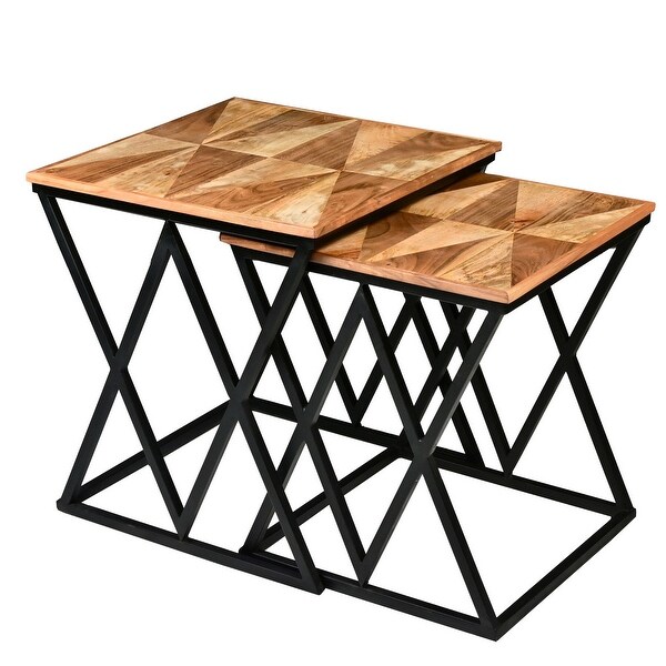 25， 23 Inch Square 2 Piece Nesting End Table Set， Wood to P， X Shape Iron Frame， Den， Bedroom Living Room， Brown and Black