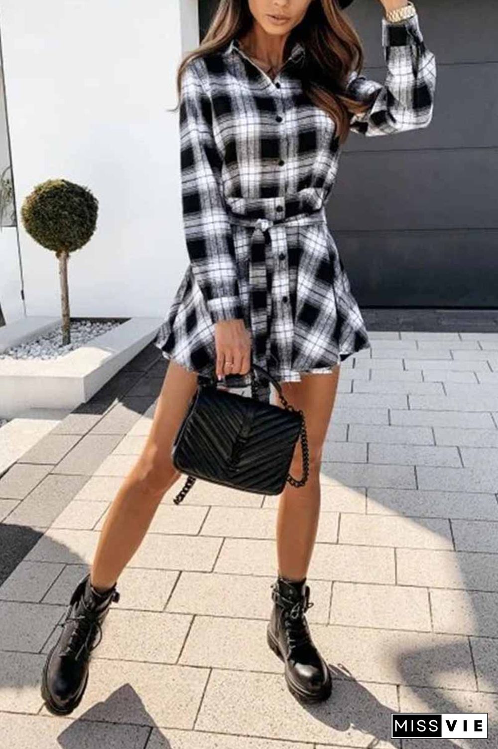 Long Sleeve Plaid Shirt Mini Dress