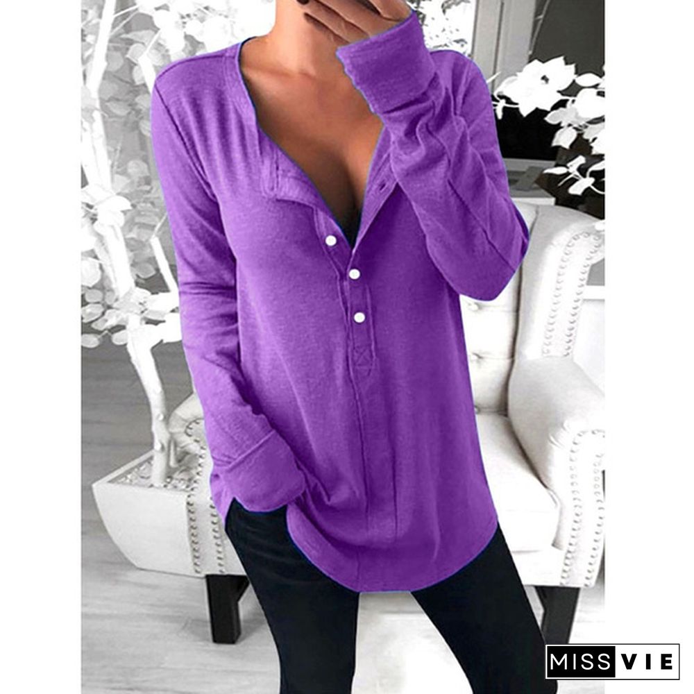 XS-8XL Plus Size Fashion Clothes Women's Autumn and Winter Tops Solid Color Casual Long Sleeve Pullover Sweatshirts V-neck Button Up Loose T-shirts Ladies Solid Color Cotton T-shirts