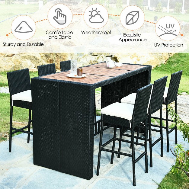 Costway 7 Pcs Patio Rattan Wicker Bar Dining Furniture Set Wood Table Top 6 Stools