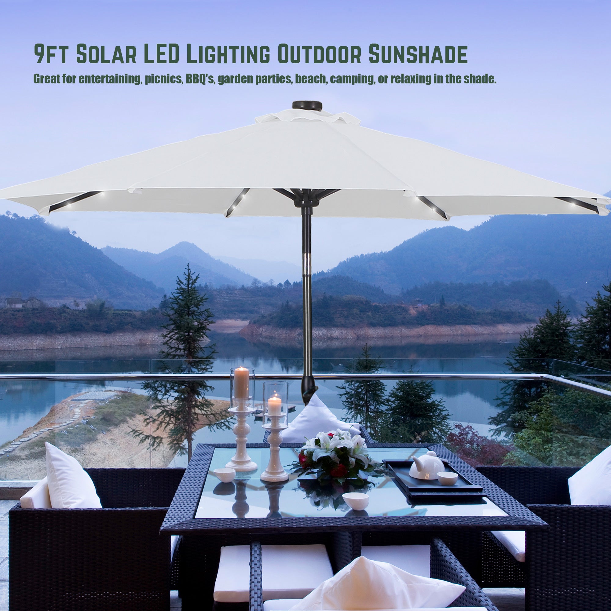 Autlaycil 9ft Solar Patio Umbrellas LED Patio Market Steel Tilt w/ Crank Outdoor, White