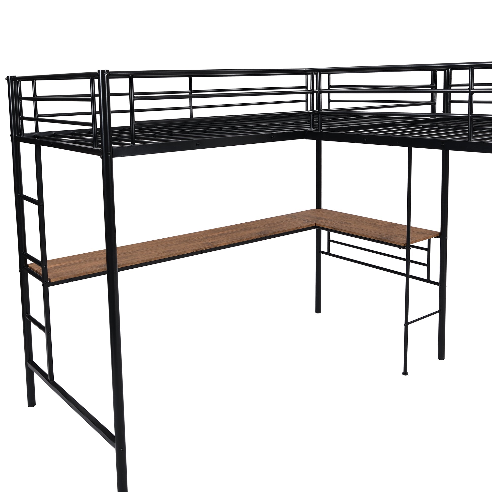 Metal L-Shaped Twin Size Loft Bed with Two Desk for Kids Bedroom, Black