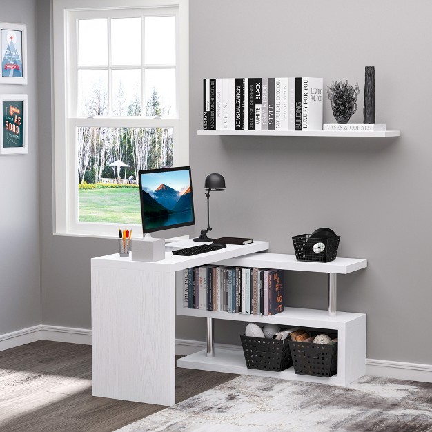 Homcom 360 Rotating Corner Computer Desk Modern L shaped Home Office Workstation With 2 Storage Shelves Bookshelf White