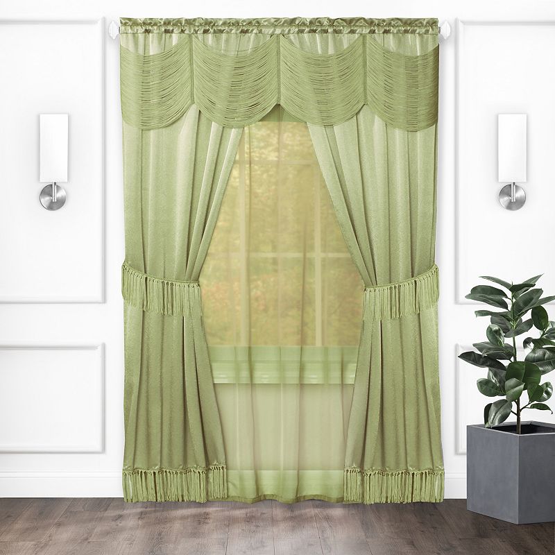 Kate Aurora Satin Chic Complete Attached Window Curtain， Tiebacks and Valance Set