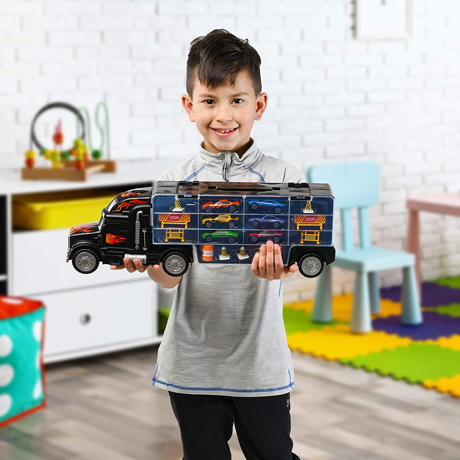 Toy Truck Transport Car Carrier - Toy Truck Includes 6 Toy Cars and Accessories - Toy Trucks Fits 28 Toy Car Slots - Great Car Toys Gift For Boys and Girls - Original By Play22USA