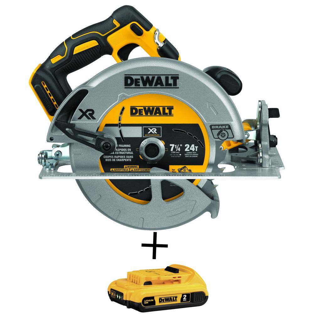 DW 20V MAX XR Cordless Brushless 7-14 in. Circular Saw with Brake and 20V MAX Compact Lithium-Ion 2.0Ah Battery DCS570BWDCB203