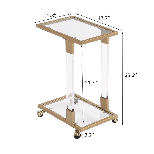 Mieres Modern Style Tempered Glass Top C Shape Side Table， Living Room Rolling End Table with Metal Frame