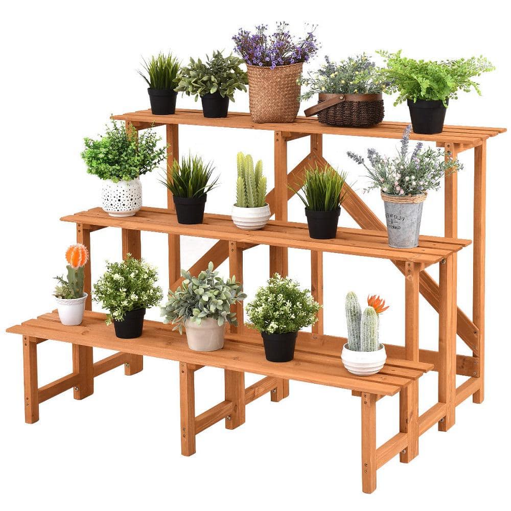 Costway 47 in. L x 31 in. W x 32.5 in. H Indoor/Outdoor Yellow Wood Plant Stand 3-Tier CYW50356