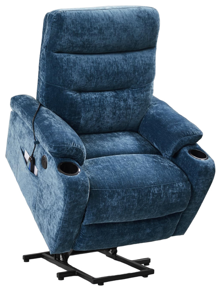 Power Lift Recliner  Pillowed Arms With Cup Holders  ampPadded Blue Fabric Seat   Modern   Recliner Chairs   by Decor Love  Houzz