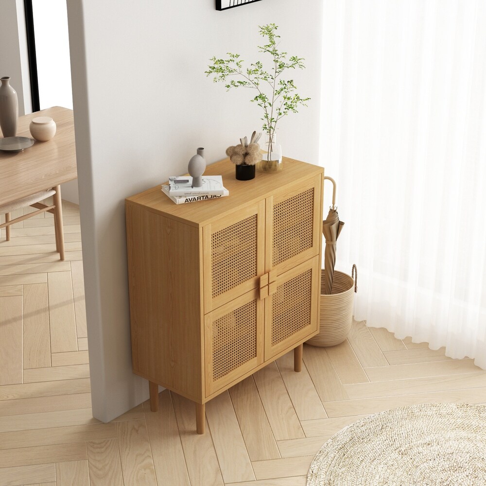 4 Doors Rattan Mesh Storage Cabinet  Shoe Cabinet with Eight Storage Spaces  for Entryway  Living Room  Hallway