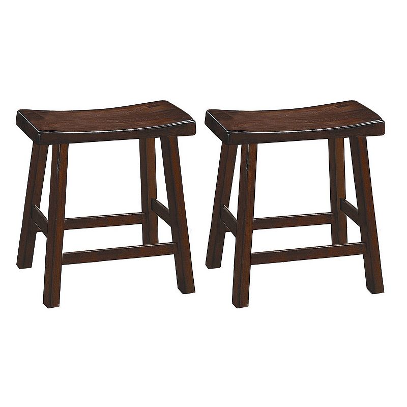 Wooden 18 Counter Height Stool with Saddle Seat， Warm Cherry Brown， Set Of 2