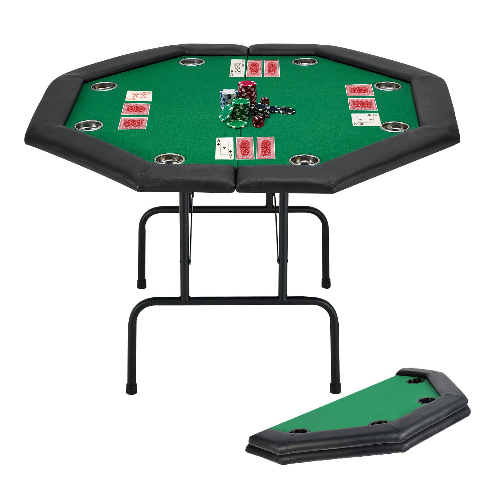 AVAWING Game Poker Table w/Stainless Steel Cup Holder Casino Leisure Table, Top Texas Hold'em Poker Table for 8 Player w/Leg, Green Felt