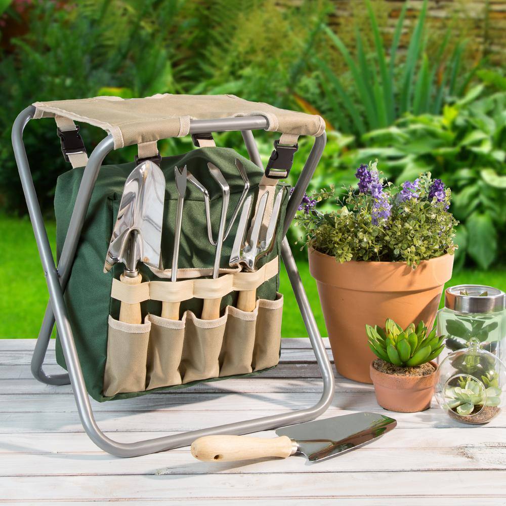 Pure Garden Folding Garden Stool with Tool Bag Plus 5 Garden Tools HW155036