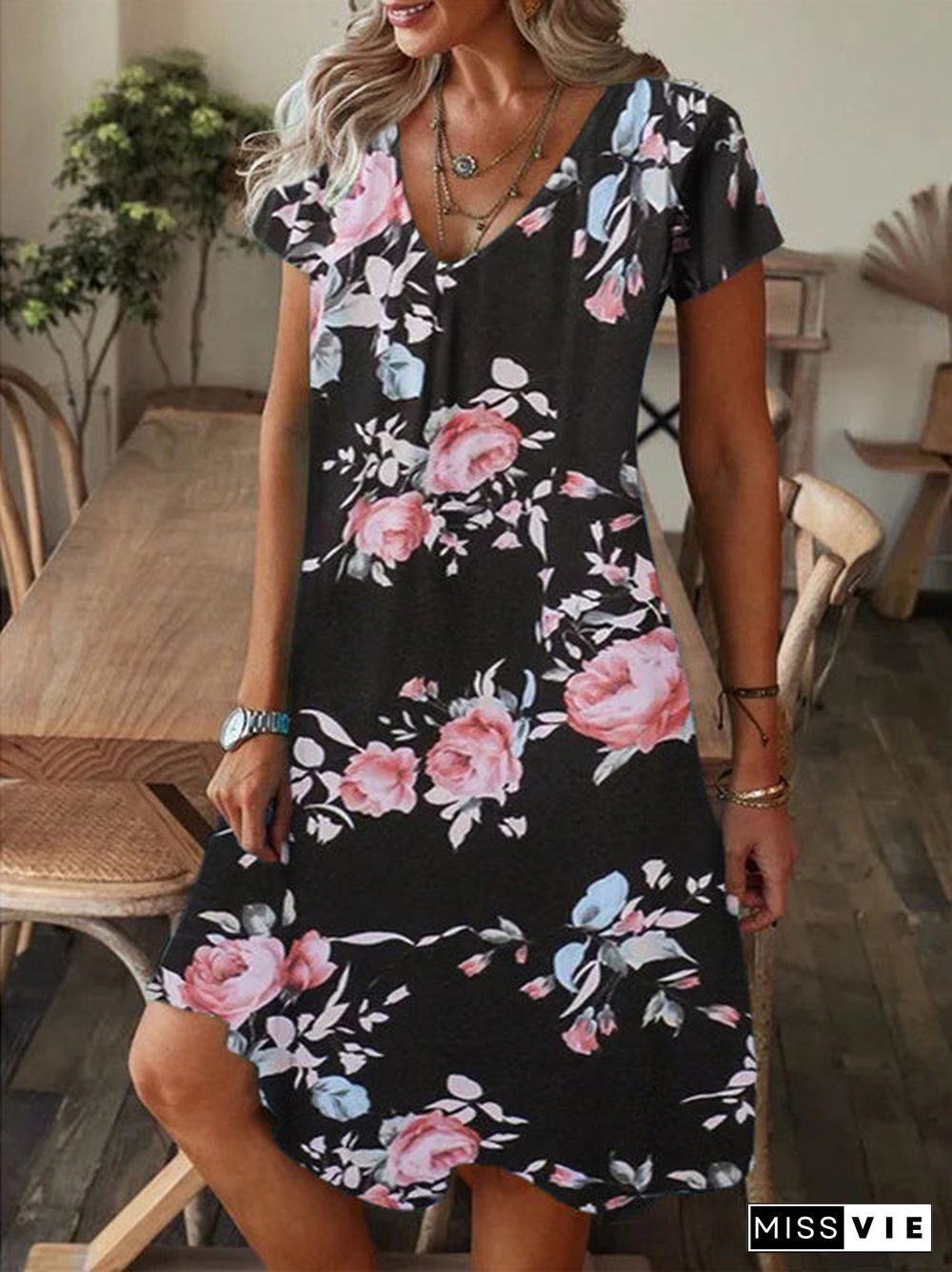 Women's Short Sleeve V Neck Floral Printed Casual Midi Dress